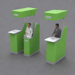 A 3D image featuring two HOP kiosks. At one kiosk, a man is handing over a box to another man. In the middle there is a truck, and at the other kiosk, a different man is taking out a box.