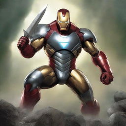 Create an image of Iron Man as a barbarian, wearing silver armor