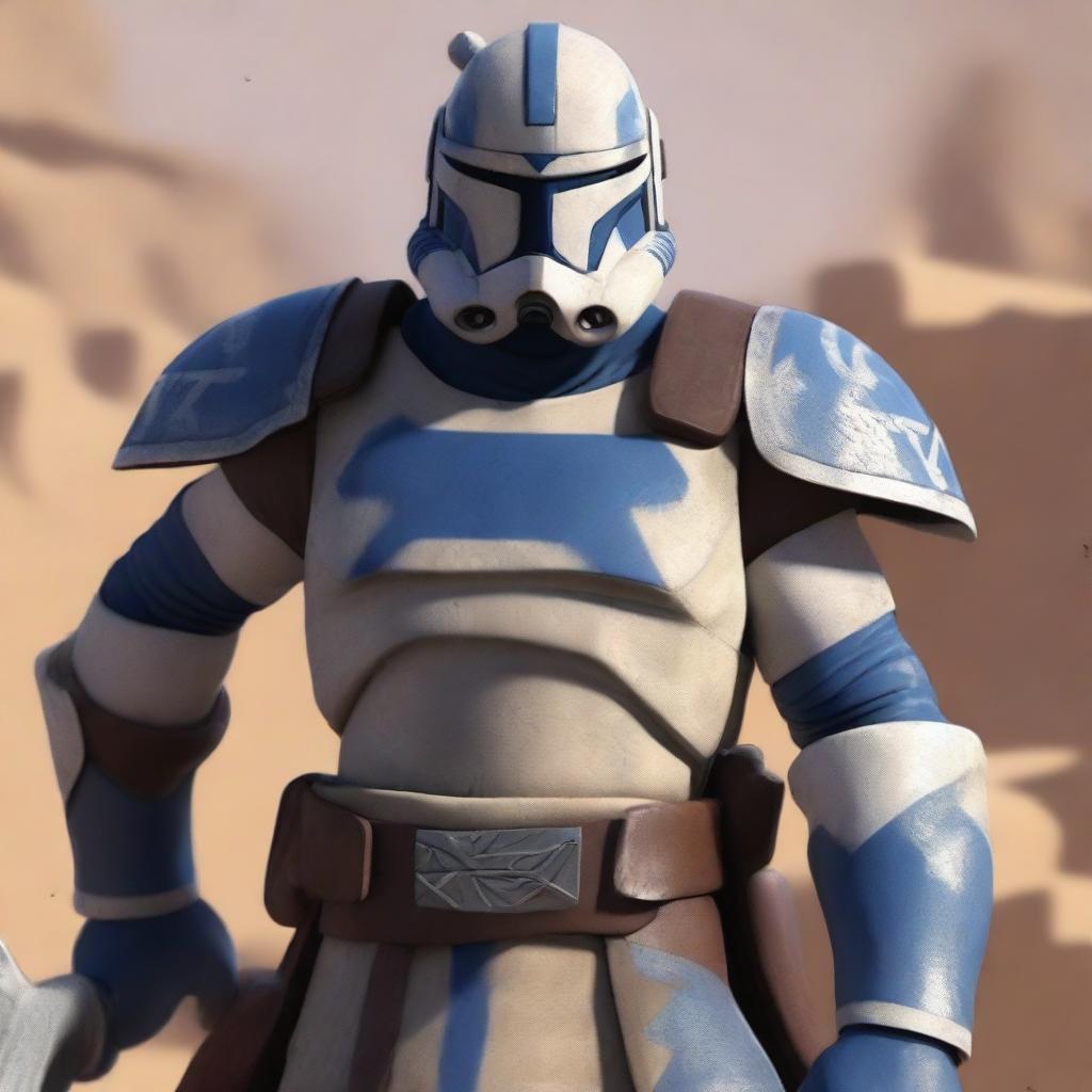 Create an image of Captain Rex as a barbarian, wearing silver armor