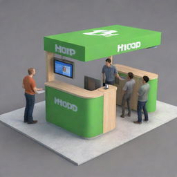 A 3D image featuring two HOP kiosks. At one kiosk, a man is handing over a box to another man. In the middle there is a truck, and at the other kiosk, a different man is taking out a box.