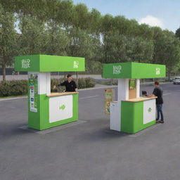 A 3D image featuring two HOP kiosks. At one kiosk, a man is handing over a box to another man. In the middle there is a truck, and at the other kiosk, a different man is taking out a box.