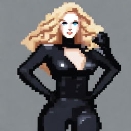 A pixel art image of a white woman with curly blonde hair, wearing a black latex top, black latex pants, black ankle boots, and black latex gloves