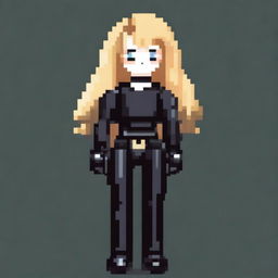 A pixel art image of a white woman with curly blonde hair, wearing a black latex top, black latex pants, black ankle boots, and black latex gloves