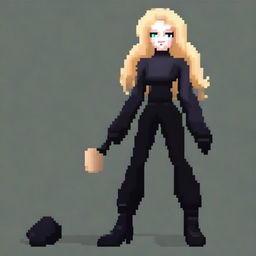 A pixel art image of a white woman with curly blonde hair, wearing a black latex top, black latex pants, black ankle boots, and black latex gloves