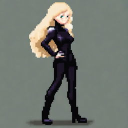 A pixel art image of a white woman with curly blonde hair, wearing a black latex top, black latex pants, black ankle boots, and black latex gloves