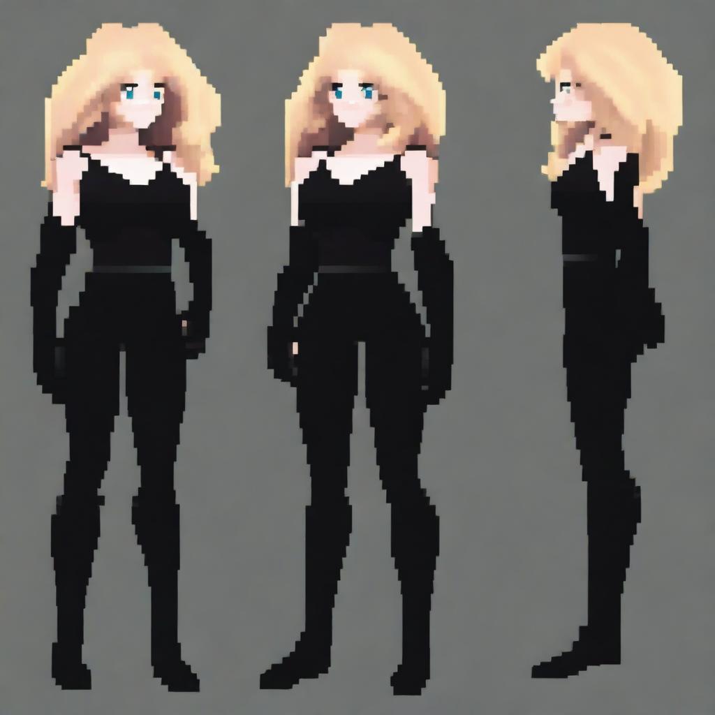 A pixel art depiction of a blonde woman with curly hair, white skin, standing from head to toe