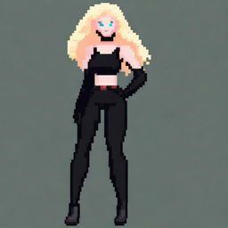 A pixel art depiction of a blonde woman with curly hair, white skin, standing from head to toe