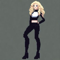 A pixel art depiction of a blonde woman with curly hair, white skin, standing from head to toe