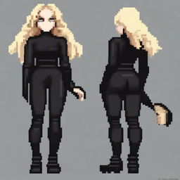 A pixel art depiction of a blonde woman with curly hair, white skin, standing from head to toe