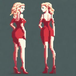 A pixel art depiction of a woman with curly blonde hair, wearing a tight red latex dress with straps and matching red high heels