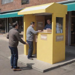 A three-dimensional dynamic scene featuring one man handing over a box to another man at the entryway of a bustling HOP kiosk, and simultaneously, another man at a different kiosk retrieving a box.