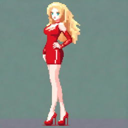 A pixel art depiction of a woman with curly blonde hair, wearing a tight red latex dress with straps and matching red high heels