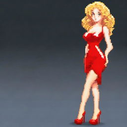 A pixel art depiction of a woman with curly blonde hair, wearing a tight red latex dress with straps and matching red high heels