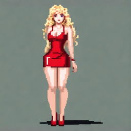 A pixel art depiction of a woman with curly blonde hair, wearing a tight red latex dress with straps and matching red high heels