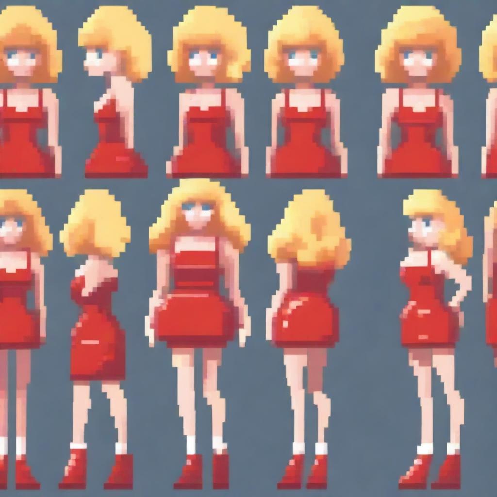 A pixel art image of a woman with blonde curly hair and bangs, wearing a short tight red latex dress with straps and red high heels