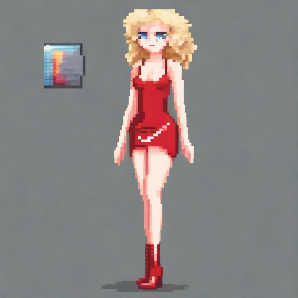 A pixel art image of a woman with blonde curly hair and bangs, wearing a short tight red latex dress with straps and red high heels