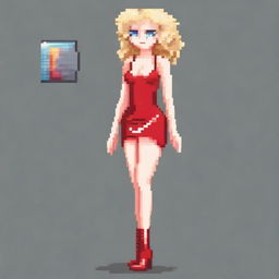 A pixel art image of a woman with blonde curly hair and bangs, wearing a short tight red latex dress with straps and red high heels