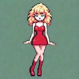 A pixel art image of a woman with blonde curly hair and bangs, wearing a short tight red latex dress with straps and red high heels