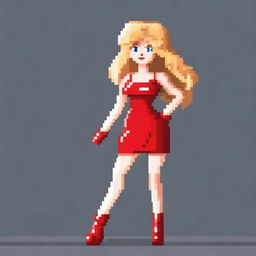 A pixel art image of a woman with blonde curly hair and bangs, wearing a short tight red latex dress with straps and red high heels