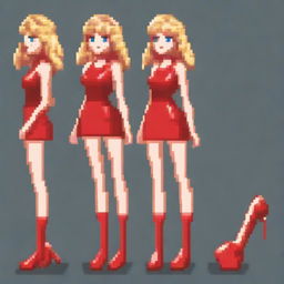 A small pixel art woman with curly blonde hair and bangs, wearing a short, tight-fitting red latex dress with straps and red high heels