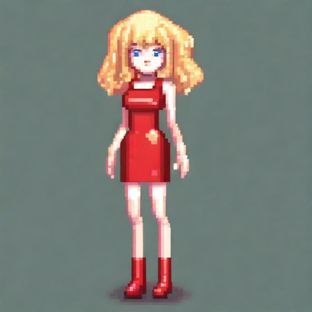 A small pixel art woman with curly blonde hair and bangs, wearing a short, tight-fitting red latex dress with straps and red high heels