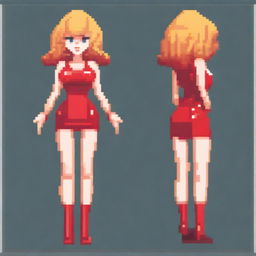 A small pixel art woman with curly blonde hair and bangs, wearing a short, tight-fitting red latex dress with straps and red high heels