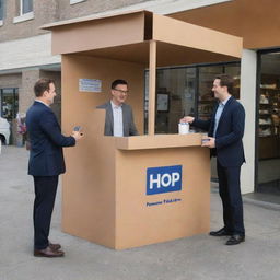 A three-dimensional dynamic scene featuring one man handing over a box to another man at the entryway of a bustling HOP kiosk, and simultaneously, another man at a different kiosk retrieving a box.