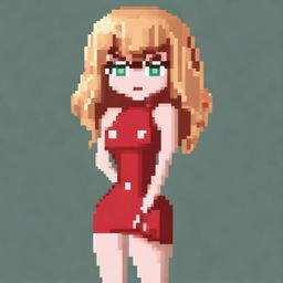 A small pixel art woman with curly blonde hair and bangs, wearing a short, tight-fitting red latex dress with straps and red high heels