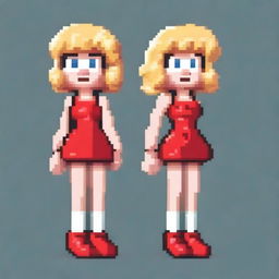 A pixel art character of a small woman styled like an 80s Mario Bros character