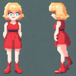 A pixel art character of a small woman styled like an 80s Mario Bros character