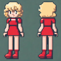 A pixel art character of a small woman styled like an 80s Mario Bros character