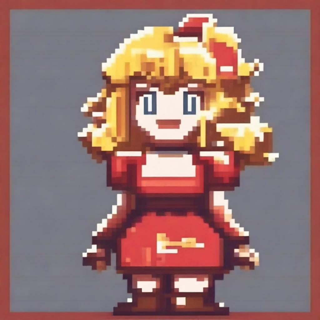 A pixel art character of a small woman styled like an 80s Mario Bros character