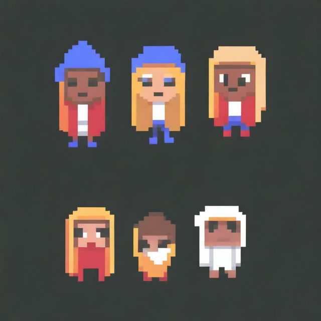 Create a pixel art logo featuring Tommy, Pamela, Kenia Os, and Peso Pluma