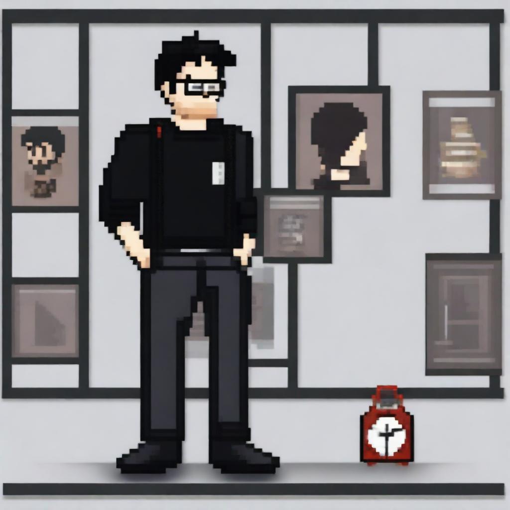 A pixel art image of a white man with a book-style haircut, black hair, and small black glasses