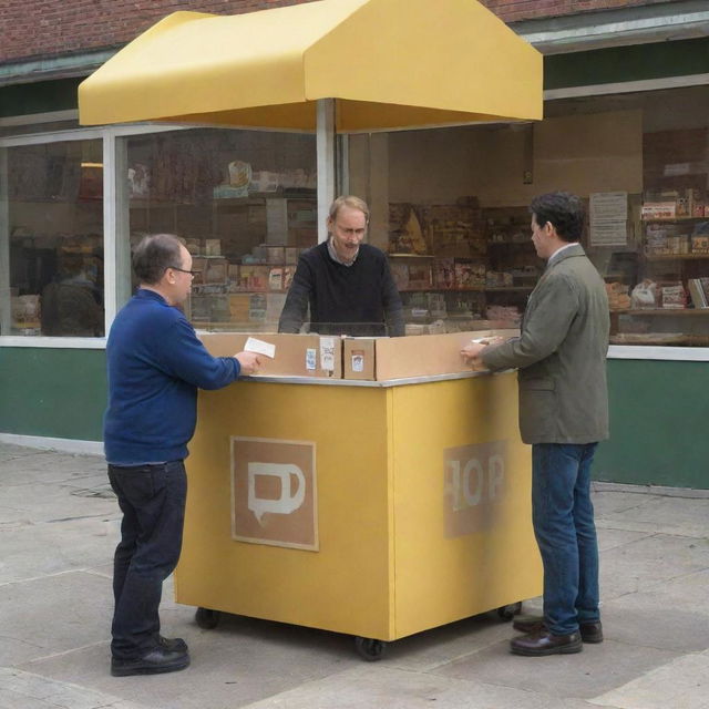 A three-dimensional dynamic scene featuring one man handing over a box to another man at the entryway of a bustling HOP kiosk, and simultaneously, another man at a different kiosk retrieving a box.