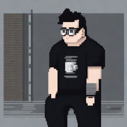 A pixel art image of a white man with a book-style haircut, black hair, and small black glasses