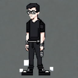 A pixel art image of a white man with a book-style haircut, black hair, and small black glasses