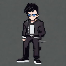 A pixel art image of a white man with a book-style haircut, black hair, and small black glasses