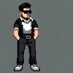 A slim man in white pixel art style with a book cut hairstyle, black hair, wearing black sunglasses, a long black shirt that says 'Balenciaga', silver chains, black pants, a watch and chain bracelet, black boots, and tattoos on his hands