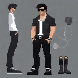 A slim man in white pixel art style with a book cut hairstyle, black hair, wearing black sunglasses, a long black shirt that says 'Balenciaga', silver chains, black pants, a watch and chain bracelet, black boots, and tattoos on his hands