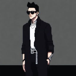 A slim man in white pixel art style with a book cut hairstyle, black hair, wearing black sunglasses, a long black shirt that says 'Balenciaga', silver chains, black pants, a watch and chain bracelet, black boots, and tattoos on his hands