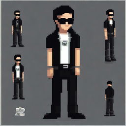 A slim man in white pixel art style with a book cut hairstyle, black hair, wearing black sunglasses, a long black shirt that says 'Balenciaga', silver chains, black pants, a watch and chain bracelet, black boots, and tattoos on his hands