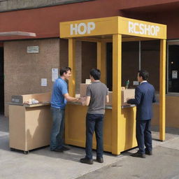 A three-dimensional dynamic scene featuring one man handing over a box to another man at the entryway of a bustling HOP kiosk, and simultaneously, another man at a different kiosk retrieving a box.