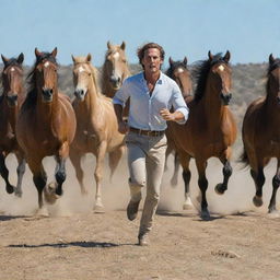 Matthew McConaughey running alongside a group of majestic horses under a clear blue sky.