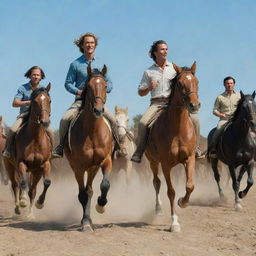 Matthew McConaughey running alongside a group of majestic horses under a clear blue sky.