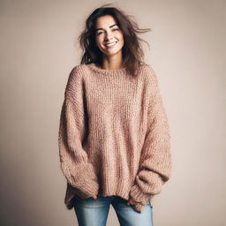 A woman wearing an oversized sweater with sleeves that fall to the ground