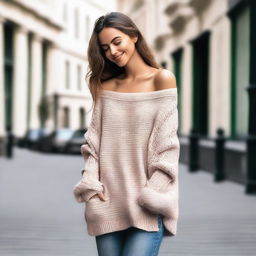 A woman wearing an oversized off-shoulder sweater with sleeves that fall to the ground