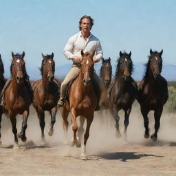 Matthew McConaughey running alongside a group of majestic horses under a clear blue sky.