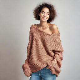 A woman wearing an oversized off-shoulder sweater with sleeves that drag on the ground