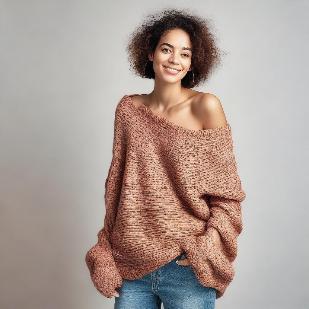 A woman wearing an oversized off-shoulder sweater with sleeves that drag on the ground